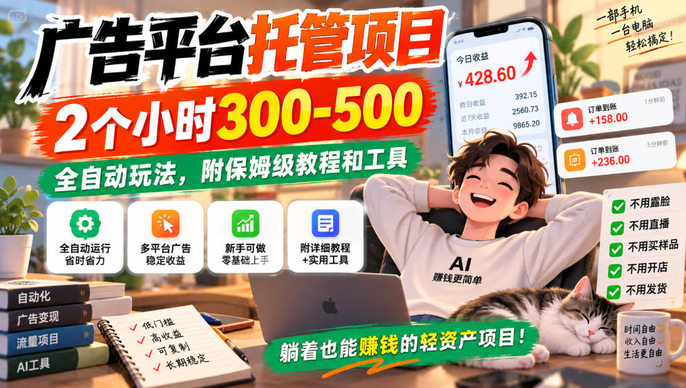 广告平台托管项目，2个小时300-500，全自动玩法，附保姆级教程和工具，小白照着就能做【揭秘】-萌芽网创副业资源站