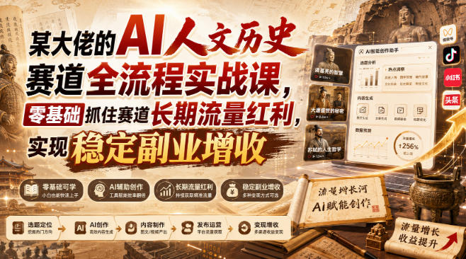 某大佬的AI人文历史赛道全流程实战课,零基础抓住赛道长期流量红利,实现稳定副业增收-萌芽网创副业资源站