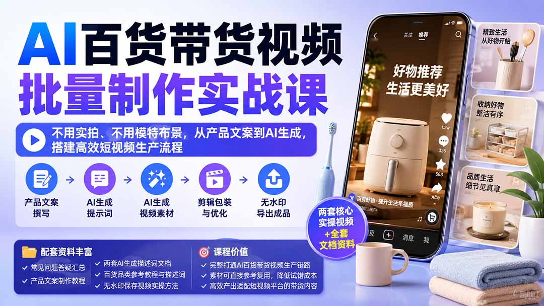 AI百货带货视频批量制作实战课：不用实拍、不用模特布景，从产品文案到AI生成，搭建高效短视频生产流程-萌芽网创副业资源站