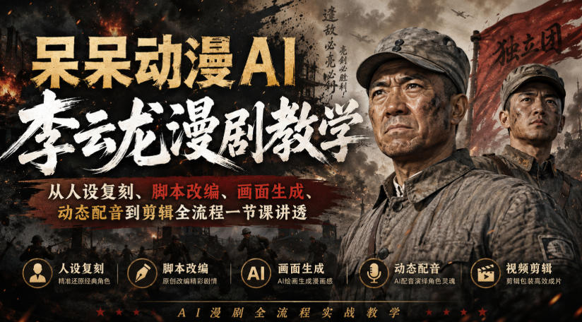 呆呆动漫AI李云龙漫剧教学,从人设复刻、脚本改编、画面生成、动态配音到剪辑全流程一节课讲透-萌芽网创副业资源站