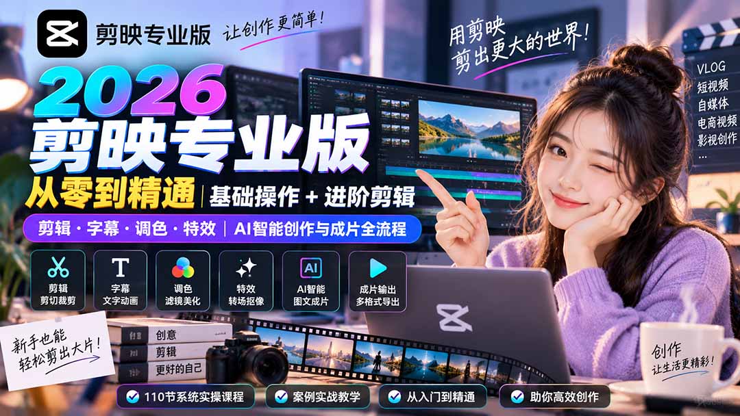 2026剪映专业版从零到精通｜基础操作+进阶剪辑｜剪辑·字幕·调色·特效｜AI智能创作与成片全流程-萌芽网创副业资源站