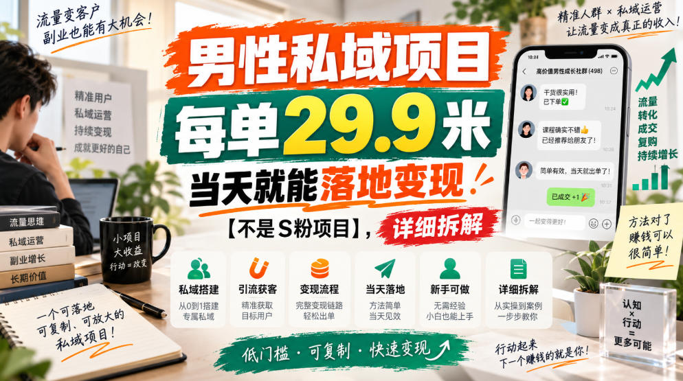 男性私域项目,每单29.9米,当天就能落地变现【不是S粉项目】,详细拆解-萌芽网创副业资源站