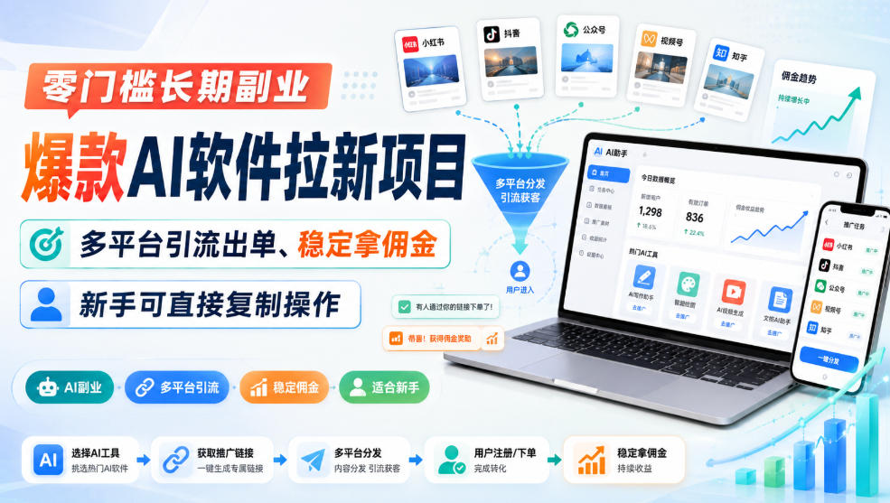 零门槛长期副业，爆款AI软件拉新项目，多平台引流出单、稳定拿佣金，新手可直接复制操作-萌芽网创副业资源站