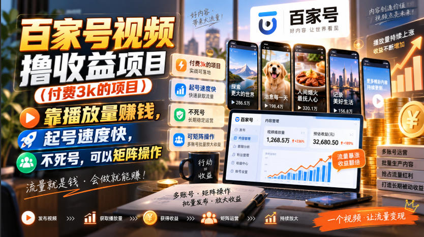 百家号视频撸收益项目(付费3k的项目)，靠播放量賺钱，起号速度快，不死号，可以矩阵操作-萌芽网创副业资源站