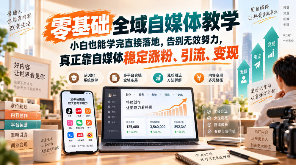 零基础全域自媒体教学，小白也能学完直接落地，告别无效努力，真正靠自媒体稳定涨粉、引流、变现-萌芽网创副业资源站