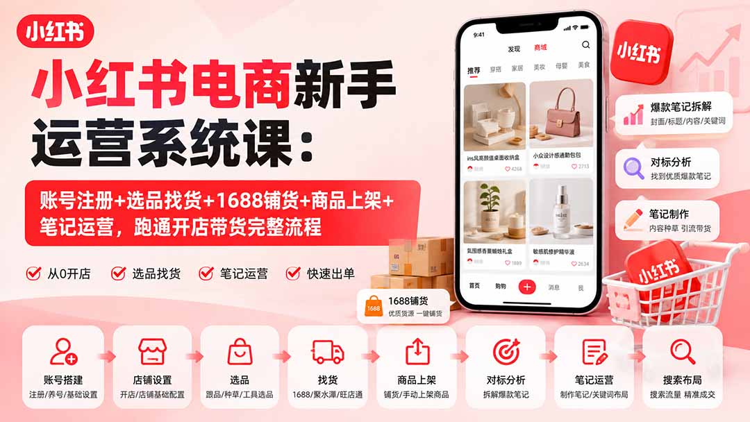 小红书电商新手运营系统课:账号注册+选品找货+1688铺货+商品上架+笔记运营,跑通开店带货完整流程-萌芽网创副业资源站
