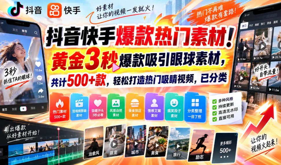抖音快手爆款热门素材！黄金3秒爆款吸引眼球素材，共计500+款，轻松打造热门吸睛视频，已分类-萌芽网创副业资源站