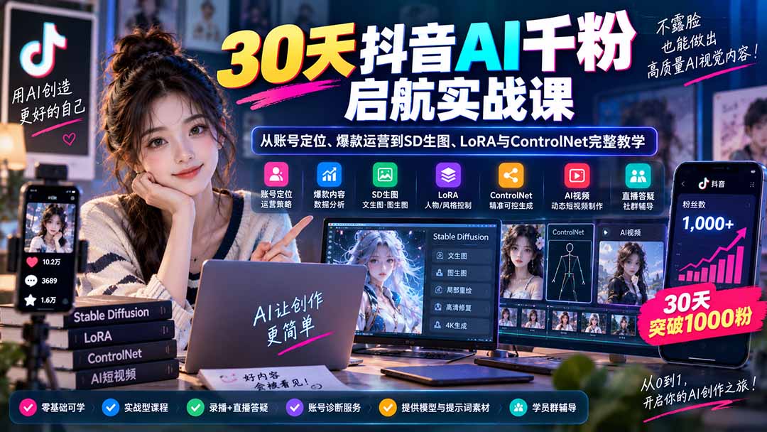30天抖音AI千粉启航实战课:从账号定位、爆款运营到SD生图、LoRA与ControlNet完整教学-萌芽网创副业资源站