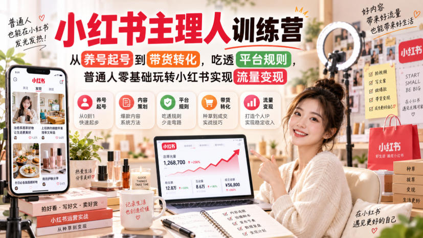 小红书主理人训练营,从养号起号到带货转化,吃透平台规则,普通人零基础玩转小红书实现流量变现-萌芽网创副业资源站