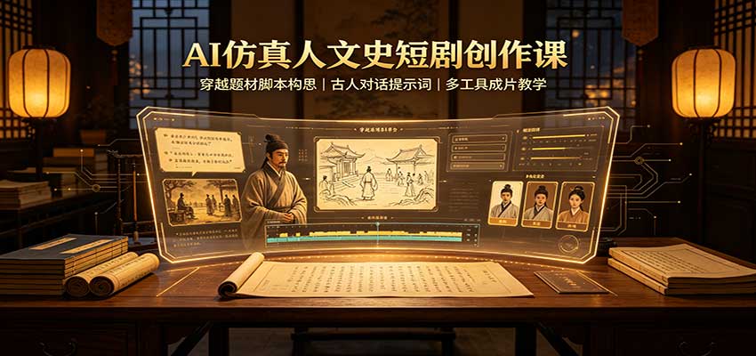 AI仿真人文史短剧创作课:穿越题材脚本构思,古人对话提示词,多工具成片教学-萌芽网创副业资源站
