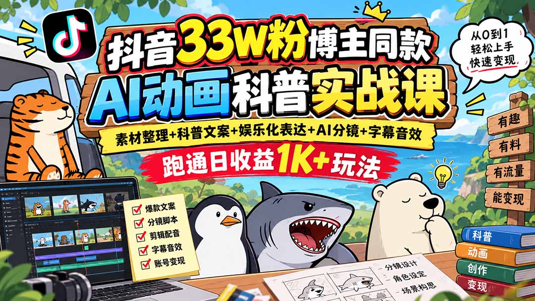 抖音33W粉博主同款AI动画科普实战课|素材整理+科普文案+娱乐化表达+AI分镜+字幕音效,跑通日收益1K+玩法-萌芽网创副业资源站