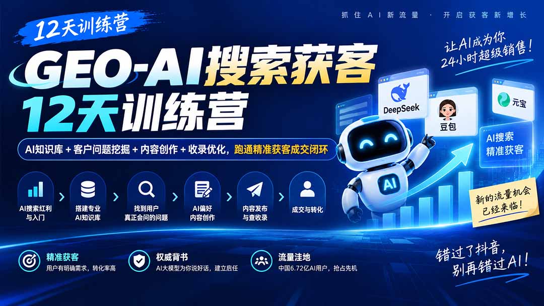 GEO-AI搜索获客12天训练营｜AI知识库+客户问题挖掘+内容创作+收录优化，跑通精准获客成交闭环-萌芽网创副业资源站