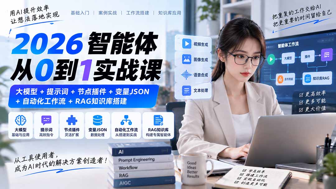 2026智能体从0到1实战课｜大模型+提示词+节点插件+变量JSON+自动化工作流+RAG知识库搭建-萌芽网创副业资源站
