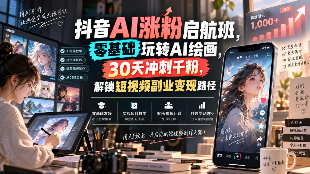抖音AI涨粉启航班，零基础玩转AI绘画，30天冲刺千粉，解锁短视频副业变现路径-萌芽网创副业资源站