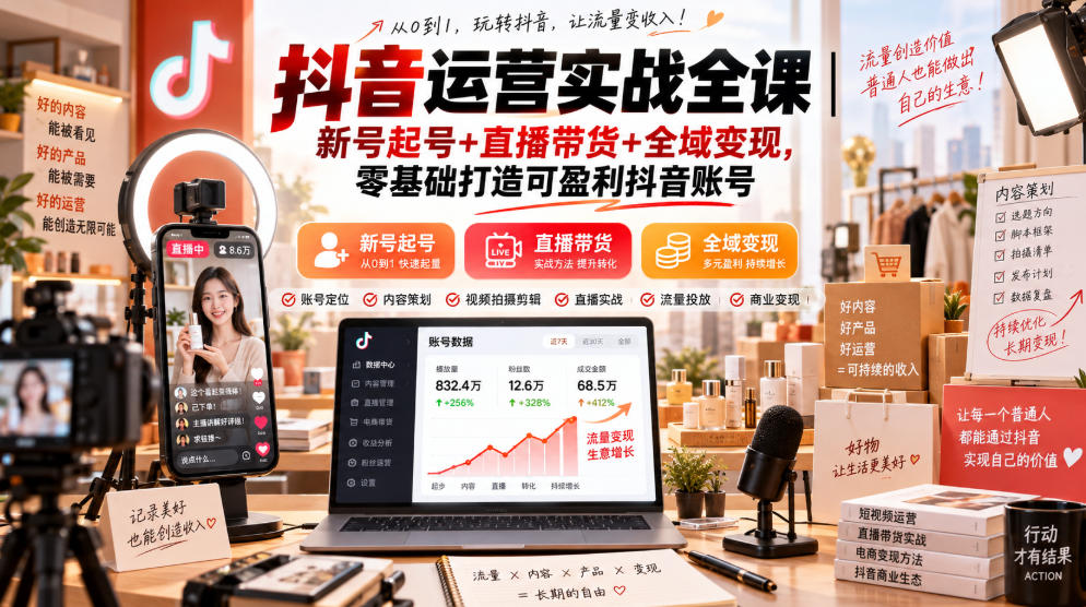 抖音运营实战全课｜新号起号+直播带货+全域变现，零基础打造可盈利抖音账号-萌芽网创副业资源站