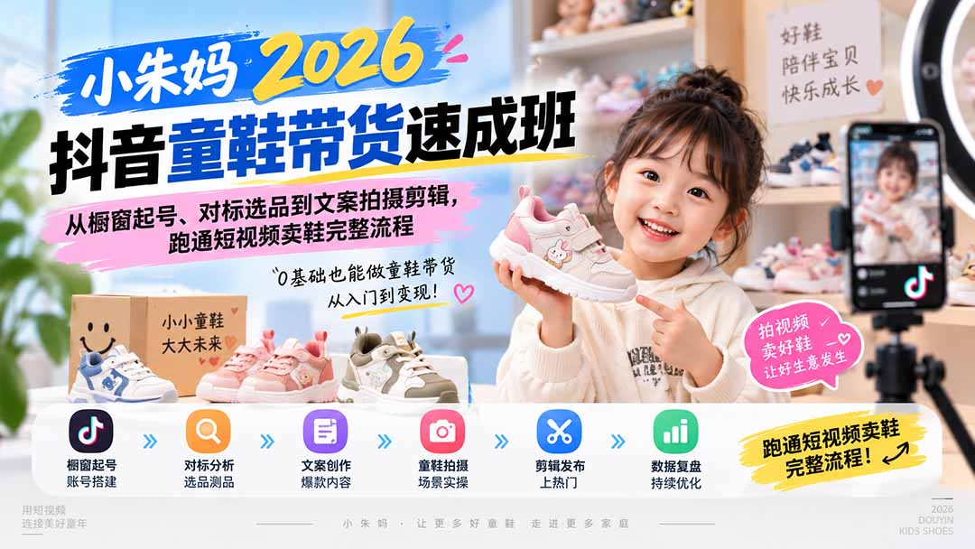 小朱妈2026抖音童鞋带货速成班:从橱窗起号、对标选品到文案拍摄剪辑,跑通短视频卖鞋完整流程-萌芽网创副业资源站