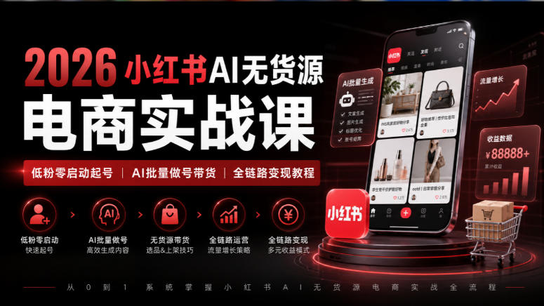 2026小红书AI无货源电商实战课｜低粉零启动起号｜AI批量做号带货全链路变现教程-萌芽网创副业资源站