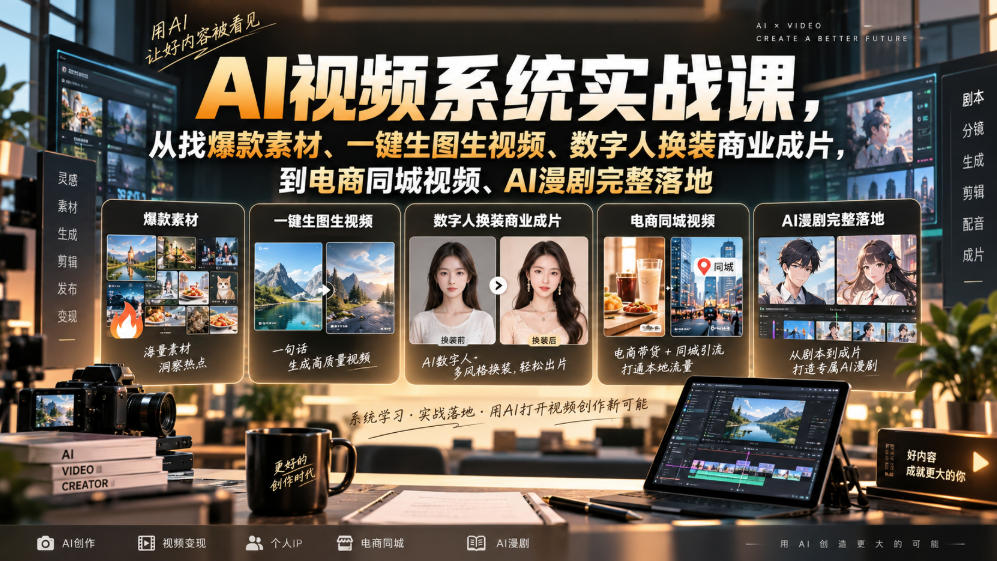 AI视频系统实战课，从找爆款素材、一键生图生视频、数字人换装商业成片，到电商同城视频、AI漫剧完整落地-萌芽网创副业资源站
