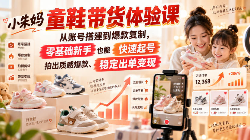 小朱妈童鞋带货体验课,从账号搭建到爆款复制,零基础新手也能快速起号、拍出质感爆款、稳定出单变现-萌芽网创副业资源站