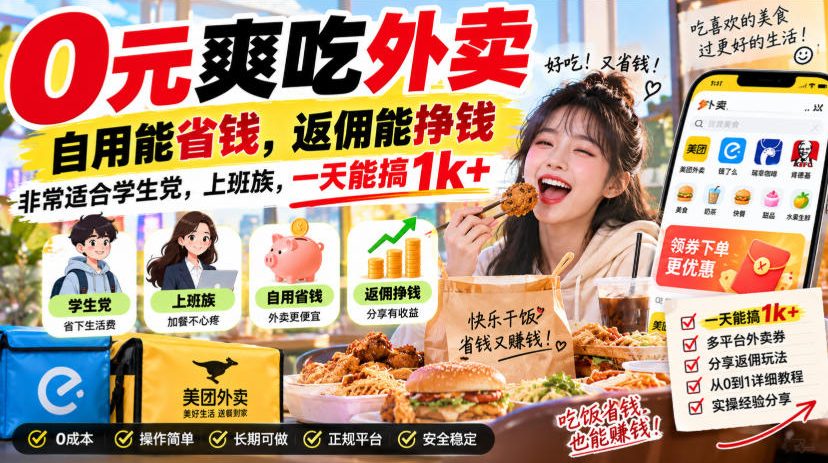 0元爽吃外卖,自用能省钱,返佣能挣钱,非常适合学生党,上班族,一天能搞1k+-萌芽网创副业资源站