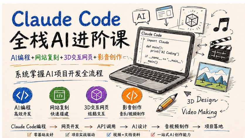 Claude Code全栈AI进阶课-更新;AI编程+网站复刻+3D交互网页+影音创作,系统掌握AI项目开发全流程-萌芽网创副业资源站
