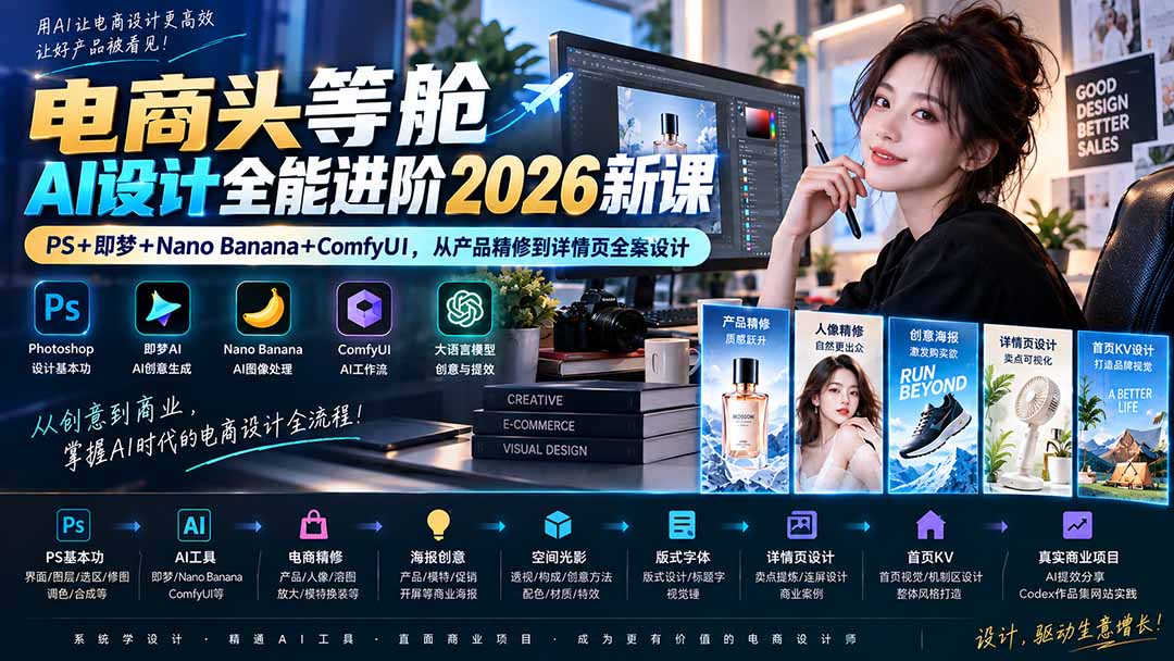 电商头等舱AI设计全能进阶2026新课：PS+即梦+Nano Banana+ComfyUI，从产品精修到详情页全案设计-萌芽网创副业资源站