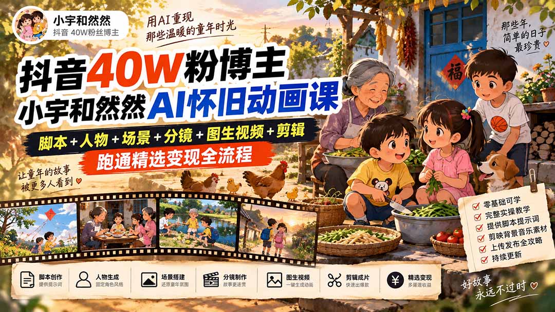 抖音40W粉博主小宇和然然AI怀旧动画课｜脚本+人物+场景+分镜+图生视频+剪辑，跑通精选变现全流程-萌芽网创副业资源站