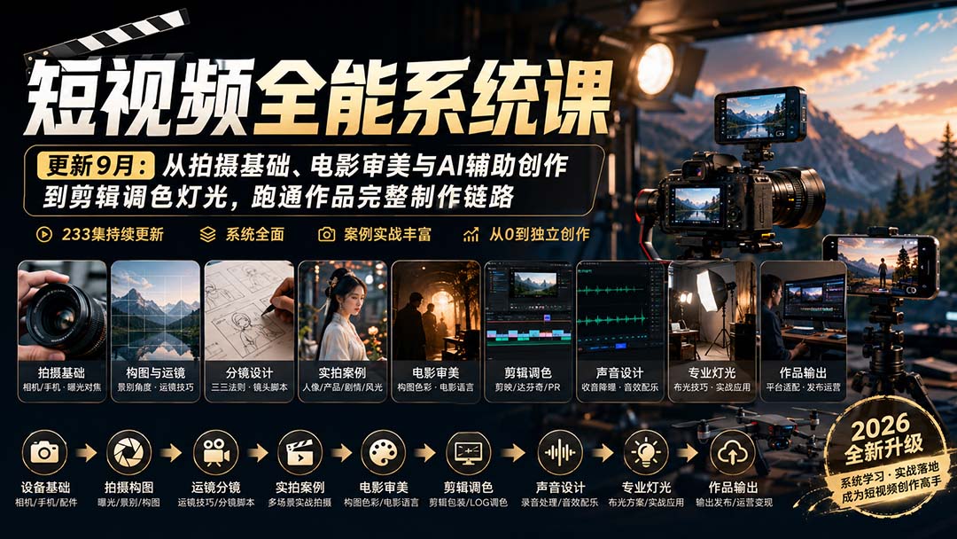 短视频全能系统课-9月完整版：从拍摄基础、电影审美与AI辅助创作到剪辑调色灯光，跑通作品完整制作链路-萌芽网创副业资源站