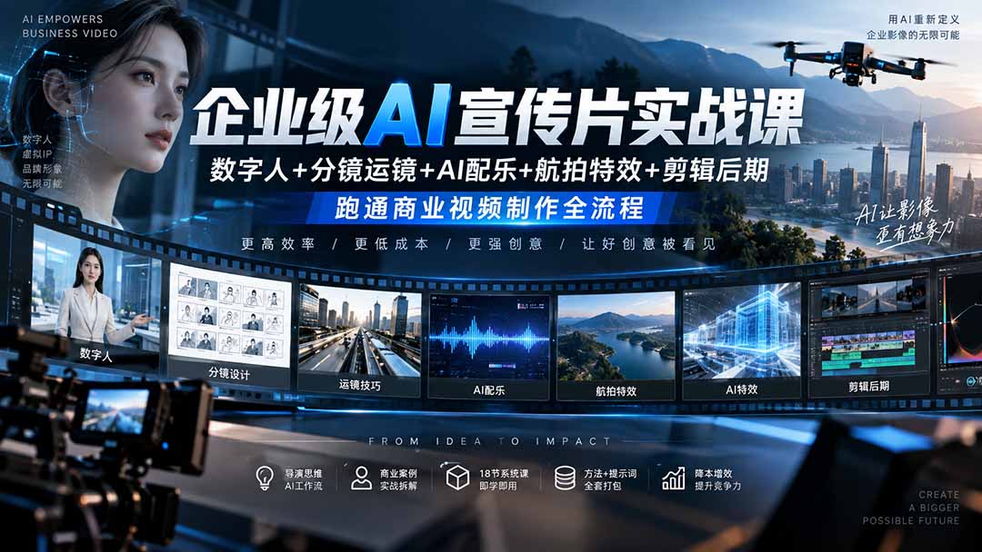 企业级AI宣传片实战课｜数字人+分镜运镜+AI配乐+航拍特效+剪辑后期，跑通商业视频制作全流程-萌芽网创副业资源站
