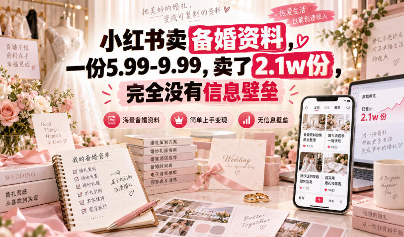 小红书卖备婚资料，一份5.99-9.99，卖了2.1w份，完全没有信息壁垒-萌芽网创副业资源站