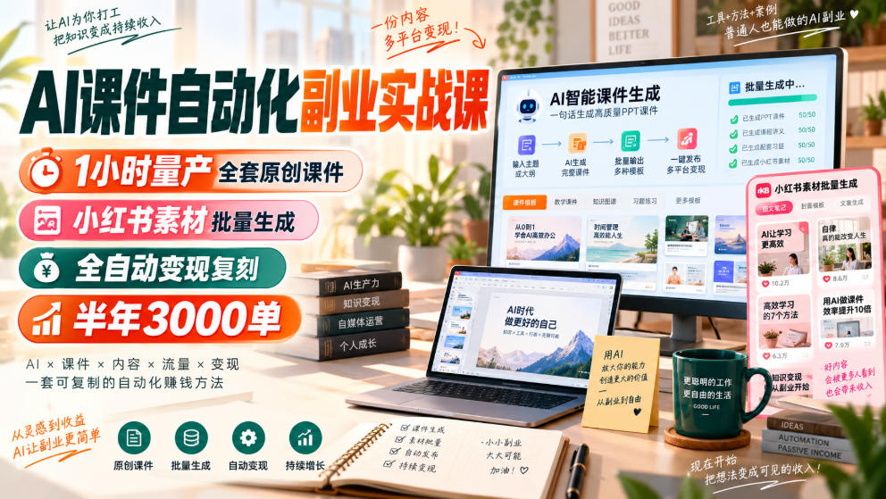 AI课件自动化副业实战课,1小时量产全套原创课件,小红书素材批量生成,全自动变现复刻,半年3000单-萌芽网创副业资源站