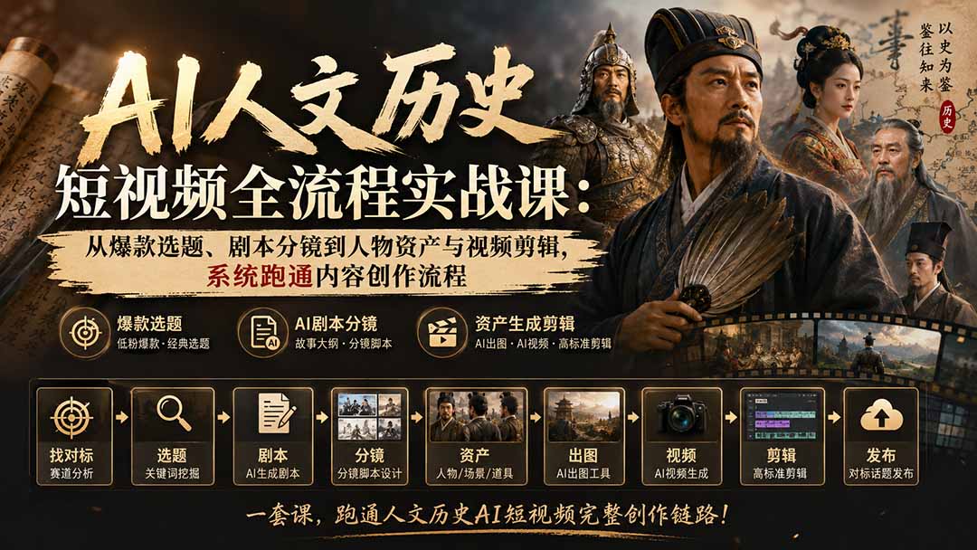 AI人文历史短视频全流程实战课:从爆款选题、剧本分镜到人物资产与视频剪辑,系统跑通内容创作流程-萌芽网创副业资源站