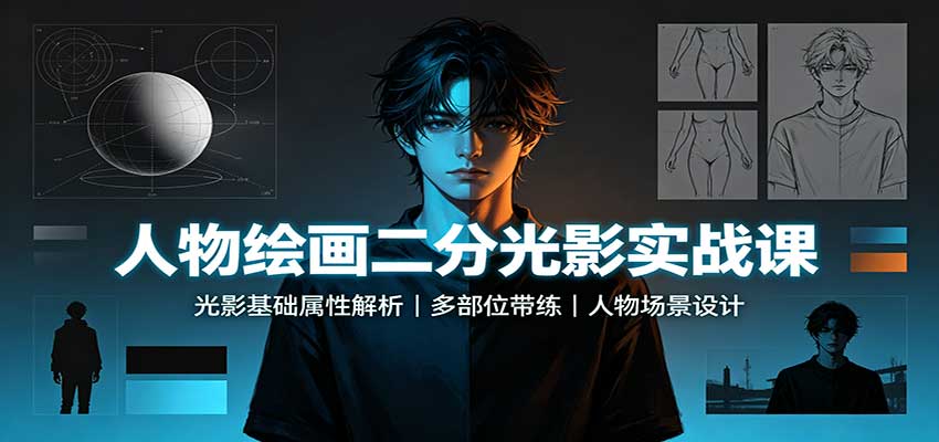 人物绘画二分光影实战课:光影基础属性解析,多部位带练,人物场景设计-萌芽网创副业资源站