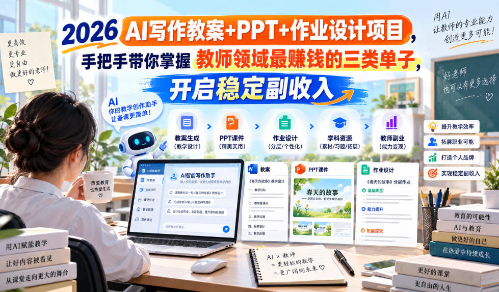 2026 AI写作教案+PPT+作业设计项目，手把手带你掌握教师领域最賺钱的三类单子，开启稳定副收入-萌芽网创副业资源站