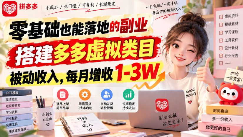 零基础也能落地的副业，搭建多多虚拟类目被动收入，每月增收1-3W【揭秘】-萌芽网创副业资源站
