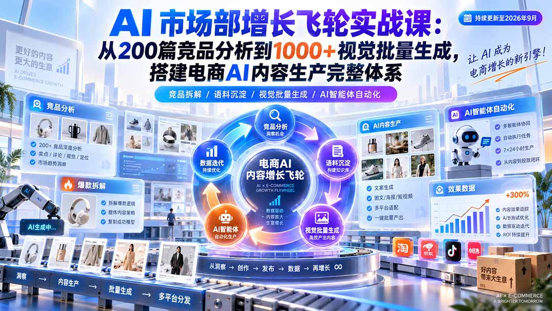 AI 市场部增长飞轮实战课:从200篇竞品分析到1000+视觉批量生成,搭建电商AI内容生产完整体系-萌芽网创副业资源站