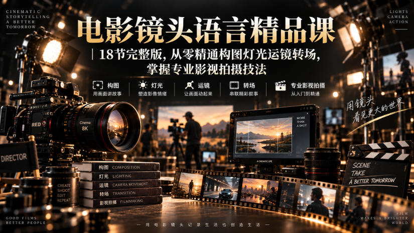 电影镜头语言精品课｜18节完整版，从零精通构图灯光运镜转场，掌握专业影视拍摄技法-萌芽网创副业资源站