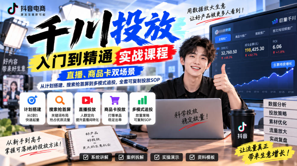 千川投放入门到精通实战课程，直播、商品卡双场景，从计划搭建、搜索抢首屏到多模式追投，全套可复制投放SOP-萌芽网创副业资源站