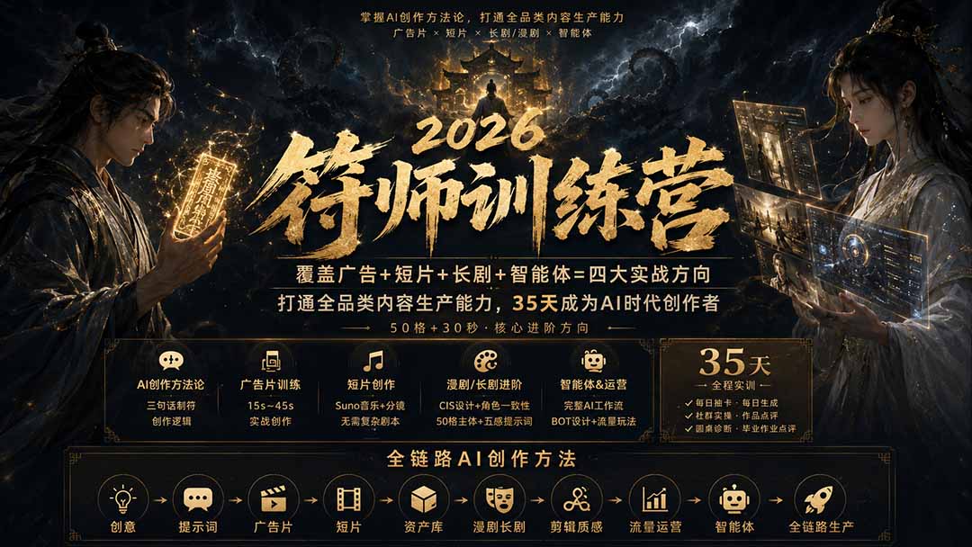符师训练营-35天成为AI时代创作者，广告+短片+漫剧+智能体四大实战方向，掌握从创意到上线的完整工作流-萌芽网创副业资源站