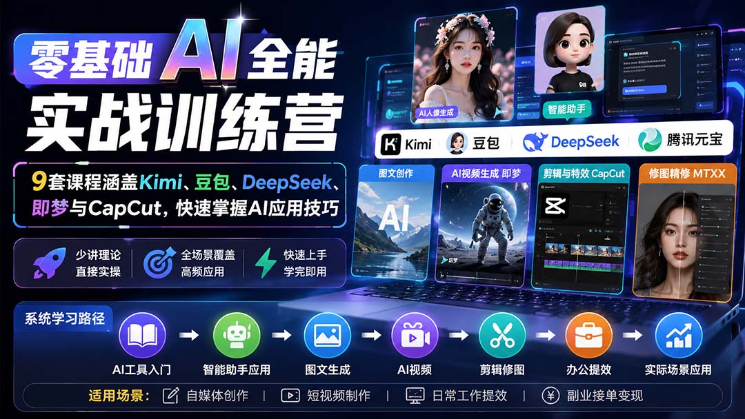 零基础AI全能实战训练营:9套课程涵盖Kimi、豆包、DeepSeek、即梦与CapCut,快速掌握AI应用技巧-萌芽网创副业资源站