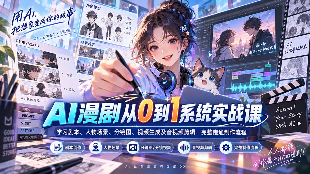 AI漫剧从0到1系统实战课:学习剧本、人物场景、分镜图、视频生成及音视频剪辑,完整跑通制作流程-萌芽网创副业资源站