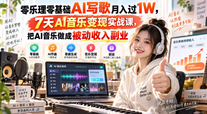 零乐理零基础AI写歌月入过1W,7天AI音乐变现实战课,把AI音乐做成被动收入副业-萌芽网创副业资源站