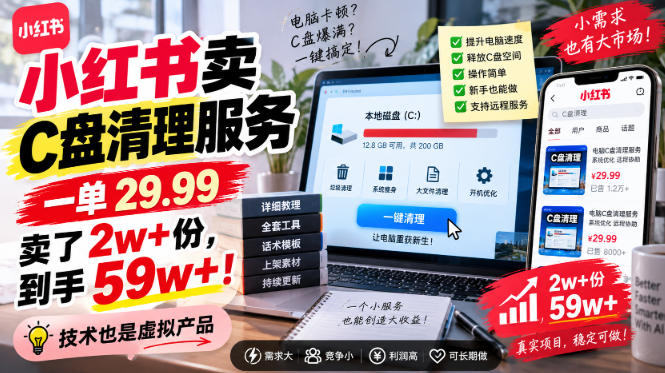 小红书卖C盘清理服务，一单29.99，卖了2w+份，技术也是虚拟产品-萌芽网创副业资源站