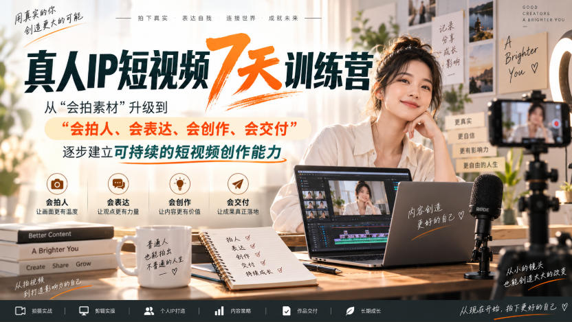 真人IP短视频7天训练营，从“会拍素材”升级到“会拍人、会表达、会创作、会交付”，逐步建立可持续的短视频创作能力-萌芽网创副业资源站