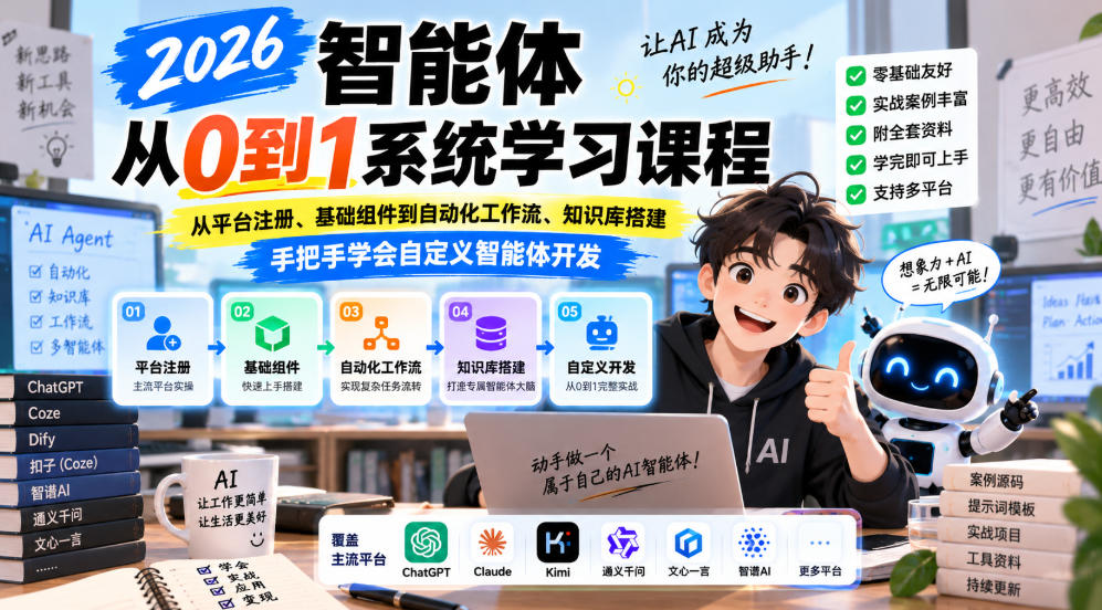 2026智能体从0到1系统学习课程，从平台注册、基础组件到自动化工作流、知识库搭建，手把手学会自定义智能体开发-萌芽网创副业资源站