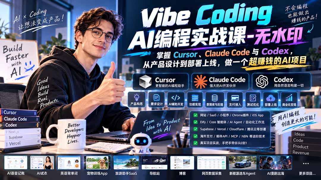 Vibe Coding AI编程实战课-无水印:掌握Cursor、Claude Code与Codex,从产品设计到部署上线,做一个超赚钱的AI项目-萌芽网创副业资源站