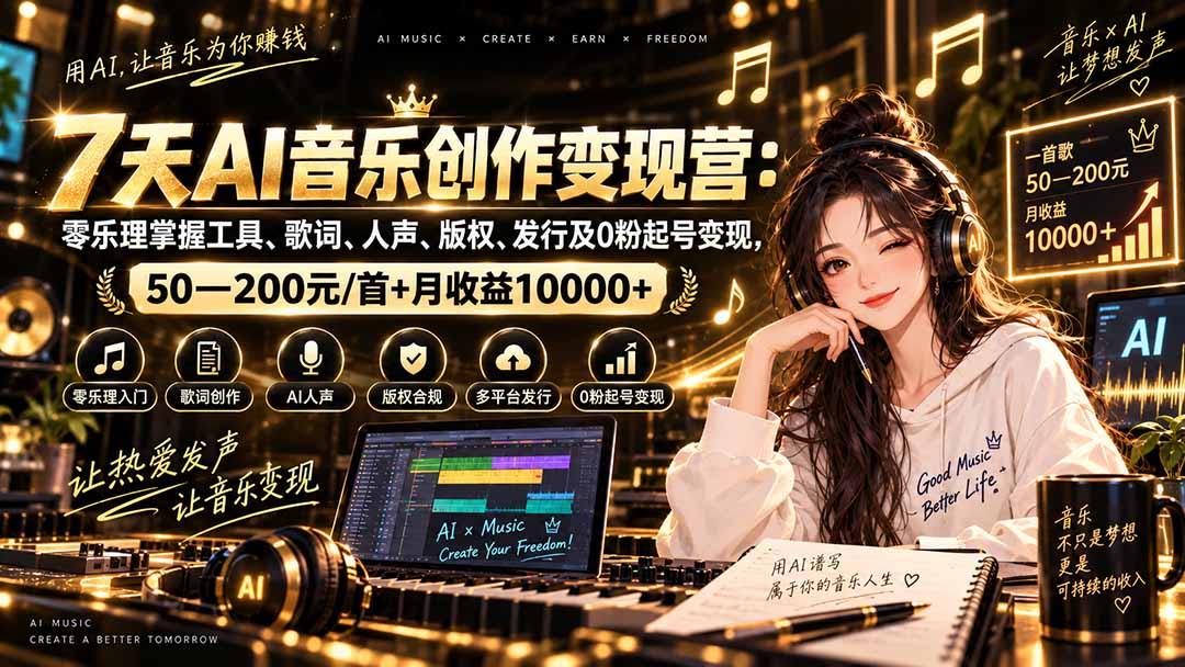 AI音乐创作变现营：零乐理掌握工具、歌词、人声、版权、发行及0粉起号变现，50—200元/首+月收益10000+-萌芽网创副业资源站