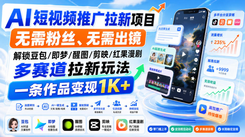 AI短视频推广拉新项目,无需粉丝、无需出镜,解锁豆包/即梦/醒图/剪映/红果漫剧多赛道拉新玩法,一条作品变现1K+-萌芽网创副业资源站