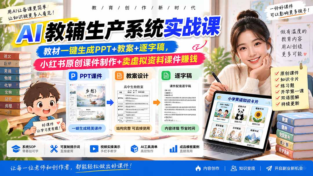 AI教辅生产系统实战课｜教材一键生成PPT+教案+逐字稿，小红书原创课件制作+卖虚拟资料课件赚钱-萌芽网创副业资源站