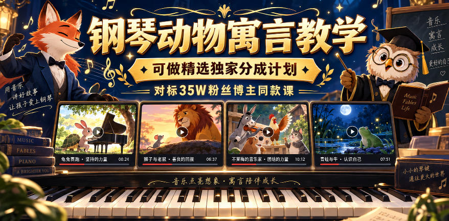 钢琴动物寓言教学，可做精选独家分成计划，对标35W粉丝博主同款课-萌芽网创副业资源站